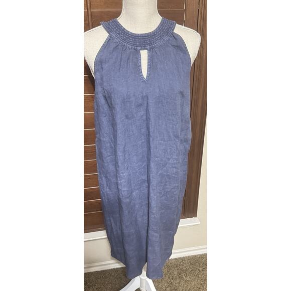 C&C California 100% Linen Mini Dress Size L Blue Sleeveless Shift Halter - Picture 1 of 7